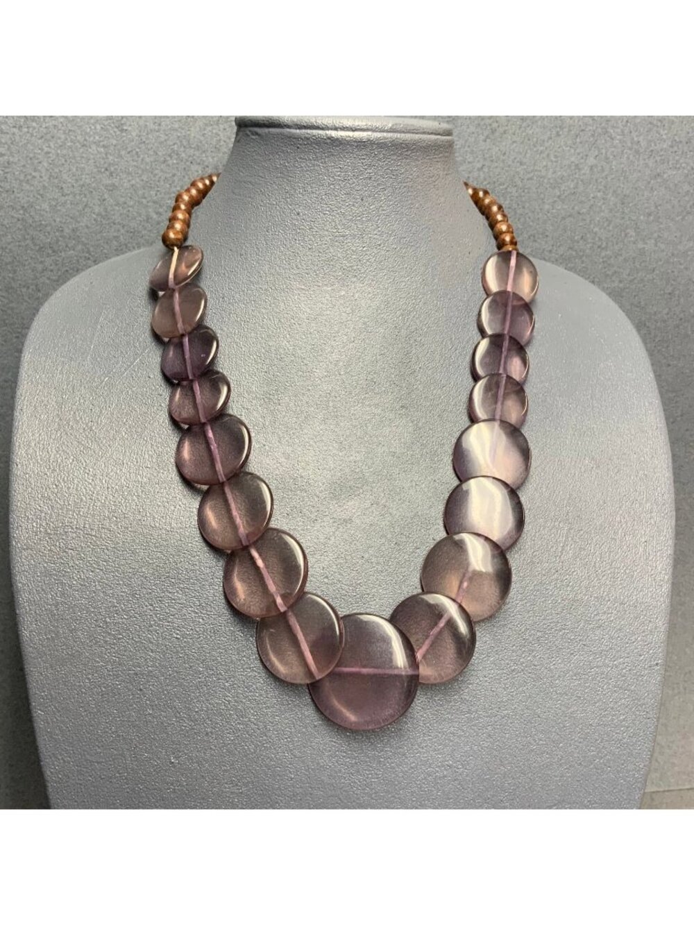 Bohemian Disk Beaded Necklace 24 In Translucent Purple Wooden Silver Vintage